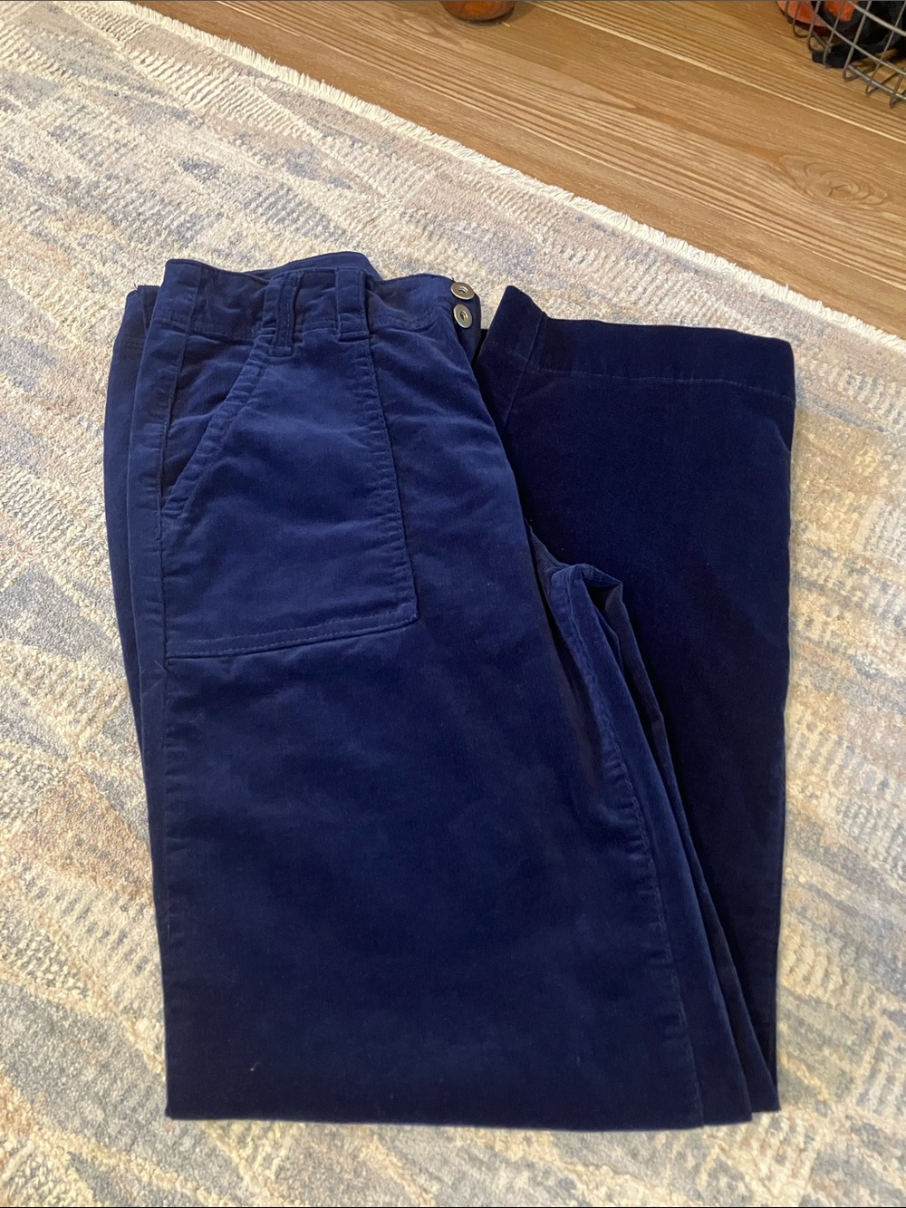 Flamingals Patched Pocket  Mid Waist Corduroy Pants in Navy Blue